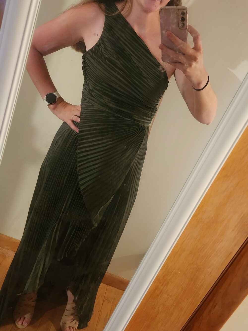 Lulu's One-Shoulder Pleated Maxi Dress in Dark Green